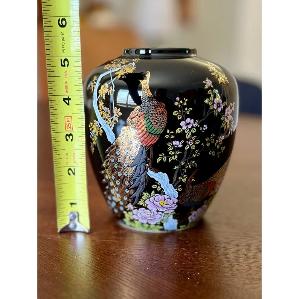 Asahi Ceramic Peacock Vase Unisex OS Black Excellent Vintage Gold Gilt Floral